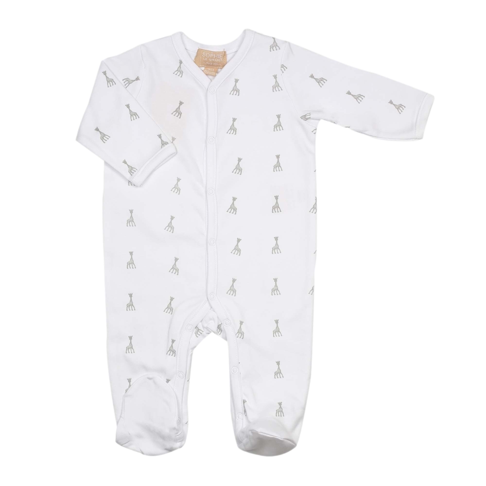 white newborn pajamas with sophie the giraffe motifs front