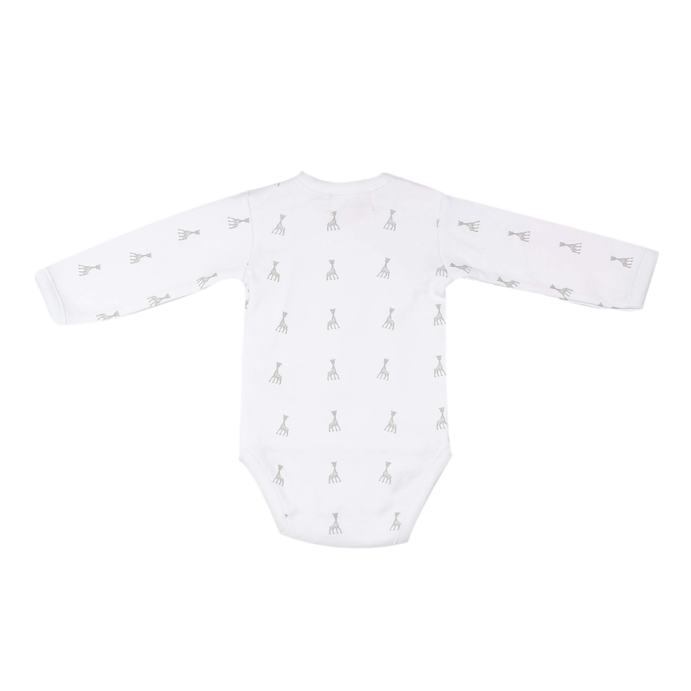Sophie the Giraffe patterned wrap-around bodysuit, back view Sophie the Giraffe patterned wrap-around bodysuit, back view