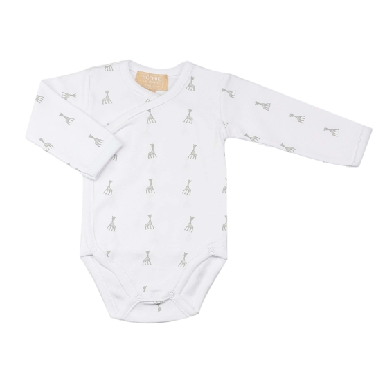 Sophie the Giraffe patterned wrap-around bodysuit, front view