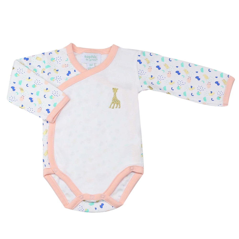 White body, pink trim and colorful patterns ©Sophie la girafe