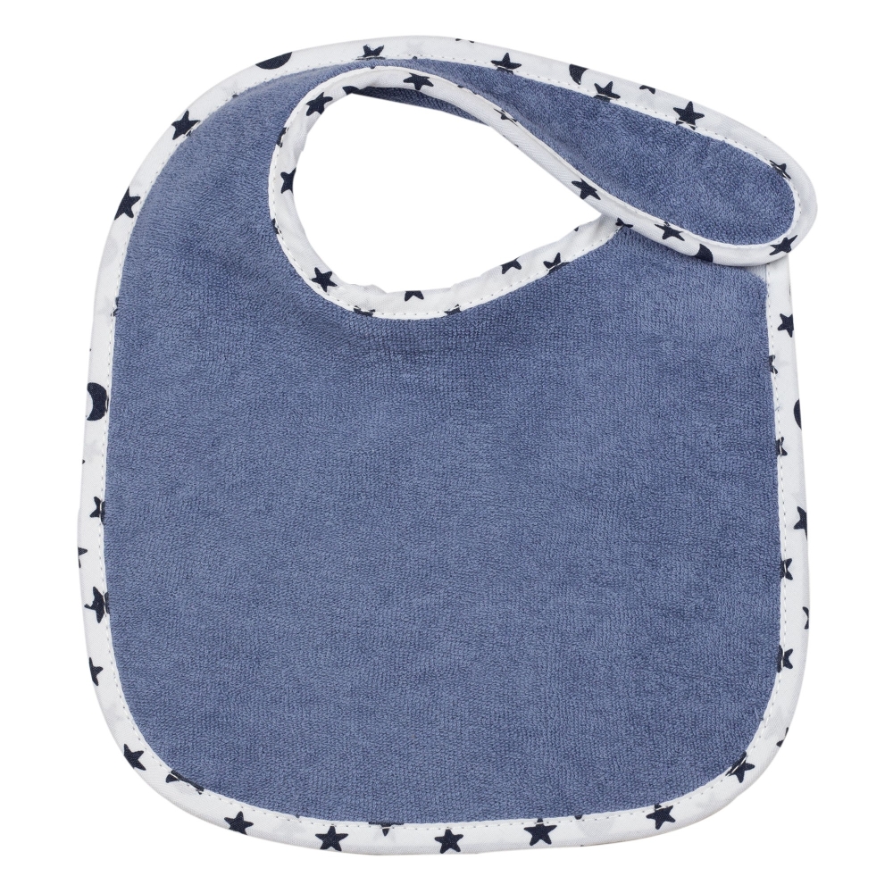 blue bib with white piping and blue stars blue bib with white piping and blue stars