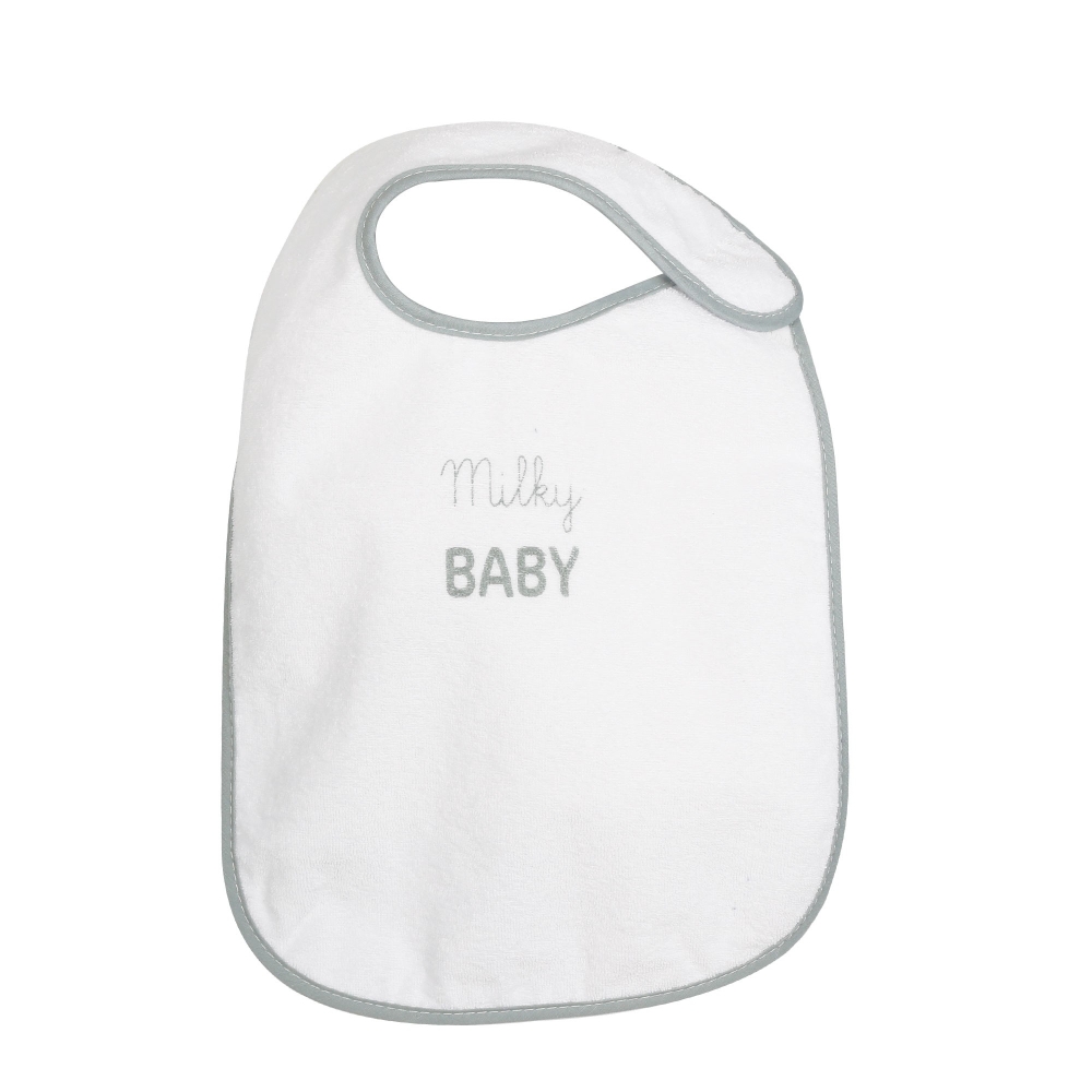 Babete branco com a inscrição Milky Baby