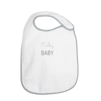 Babete branco com a inscrição Milky Baby