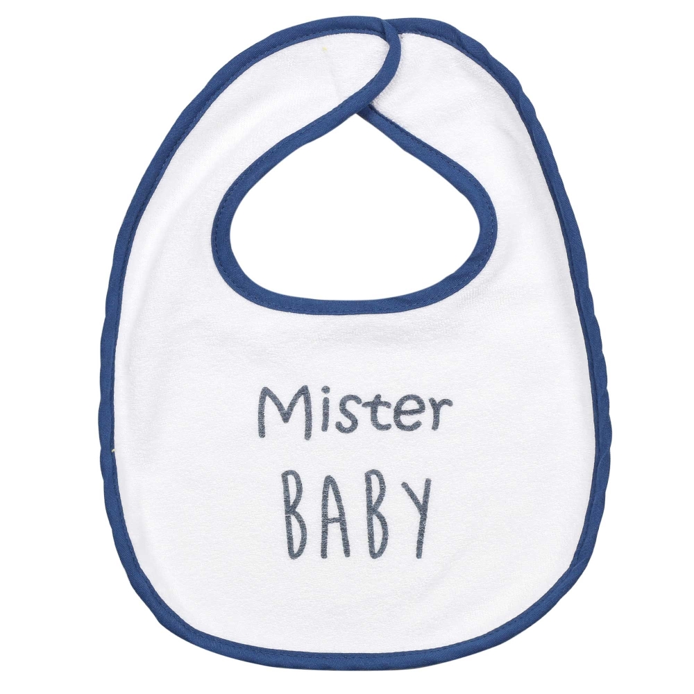 babete branco com debrum azul e a frase Mister Baby babete branco com debrum azul e a frase Mister Baby