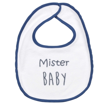 babete branco com debrum azul e a frase Mister Baby babete branco com debrum azul e a frase Mister Baby